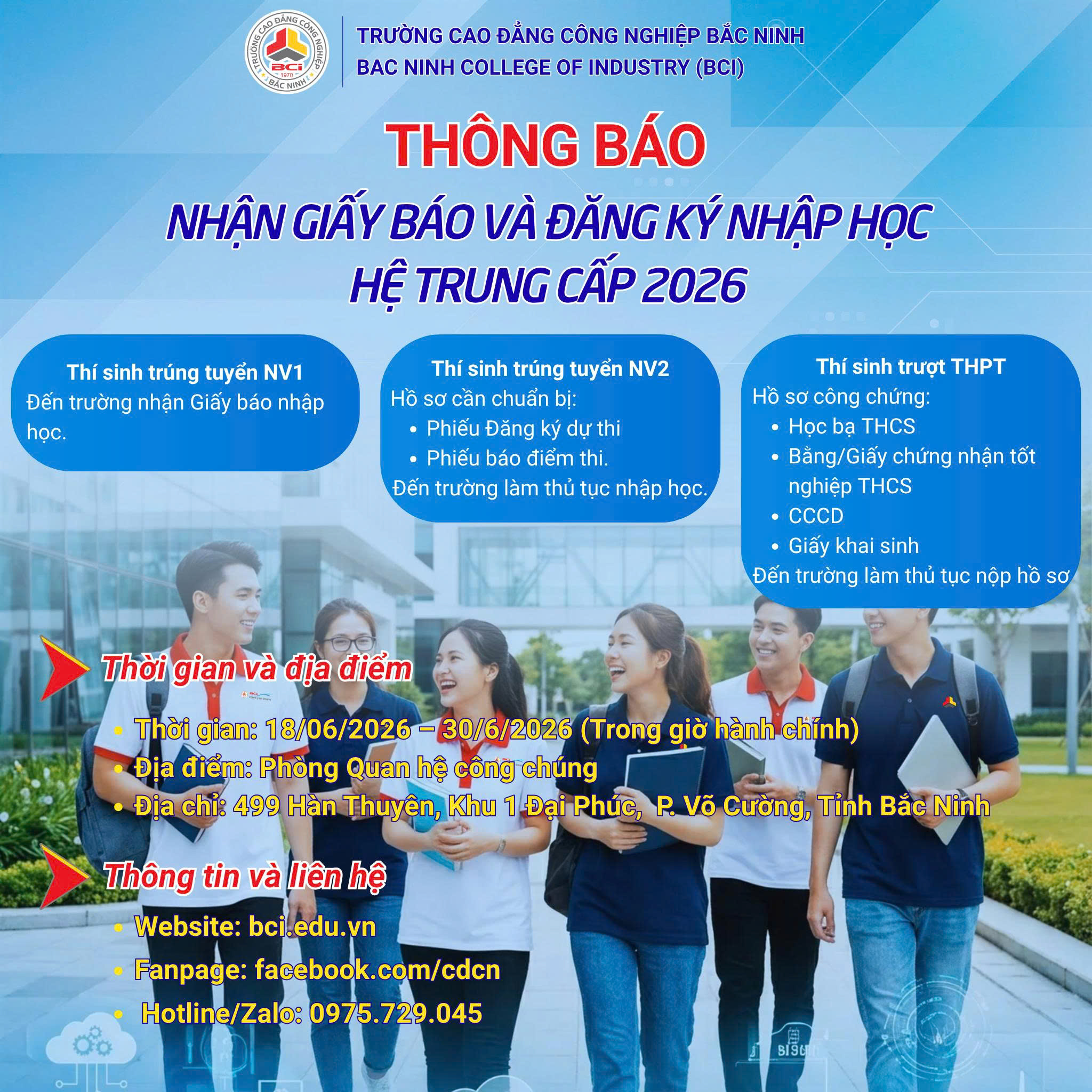 Thông báo nhận giấy báo và đăng ký nhập học hệ trung cấp 2026