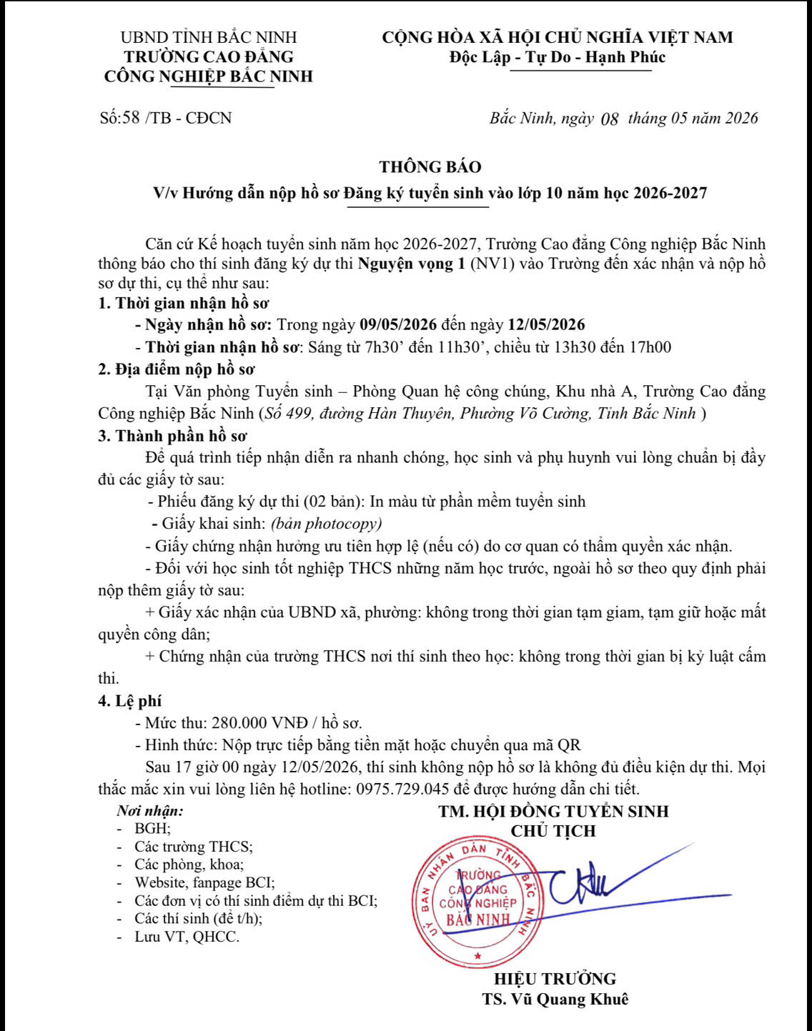 TB Hướng dẫn nộp hồ sơ Đăng ký tuyển sinh vào lớp 10 năm học 2026-2027